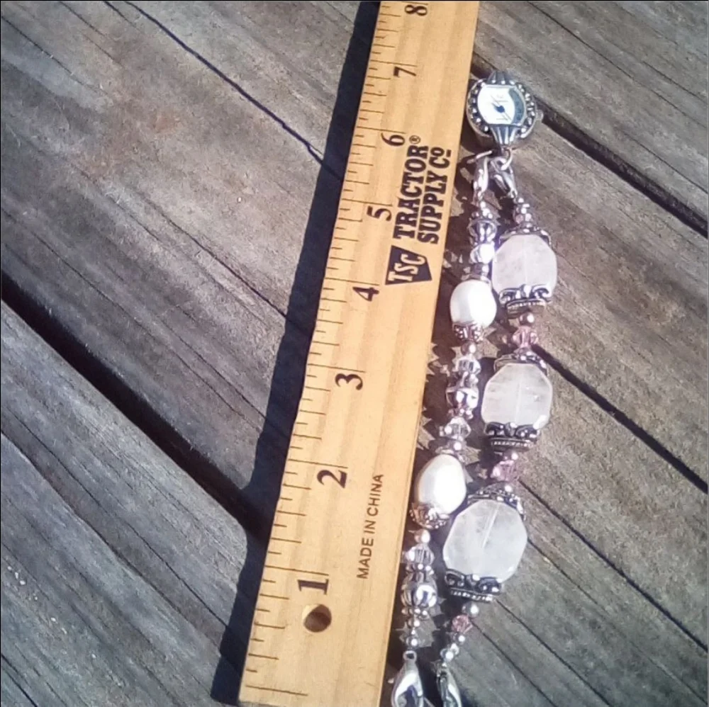 Geneva Oval Bracelet Watch Silver Tone Faux Pearl Beaded 25mm 7 Inch